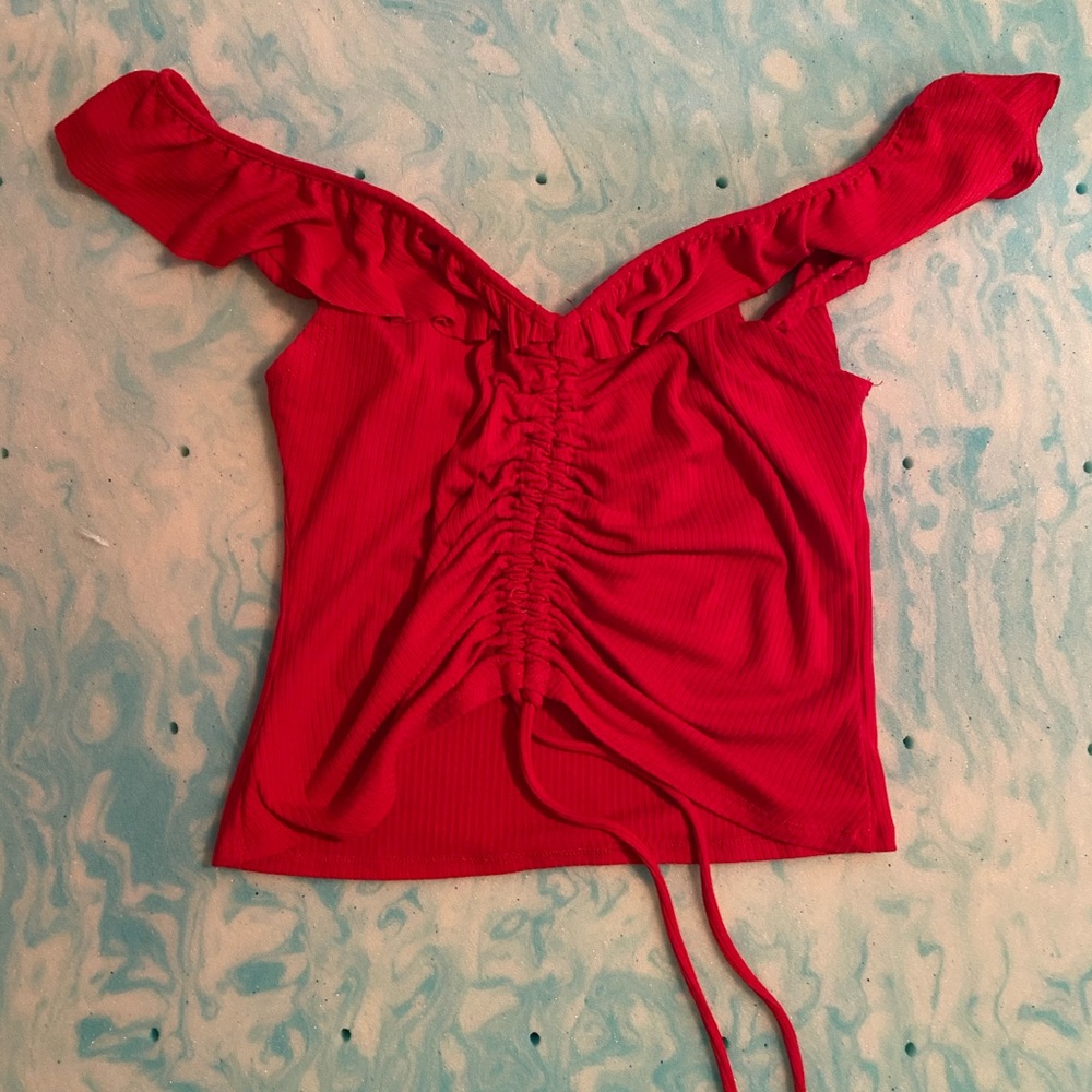 Off the shoulder red tie top